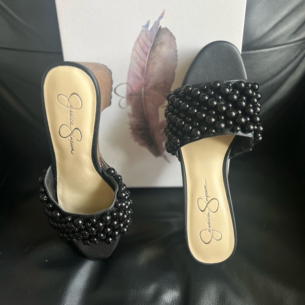 Jessica Simpson Womens Telina 2 Embellished Slip On Mule Sandals - Black Pearls